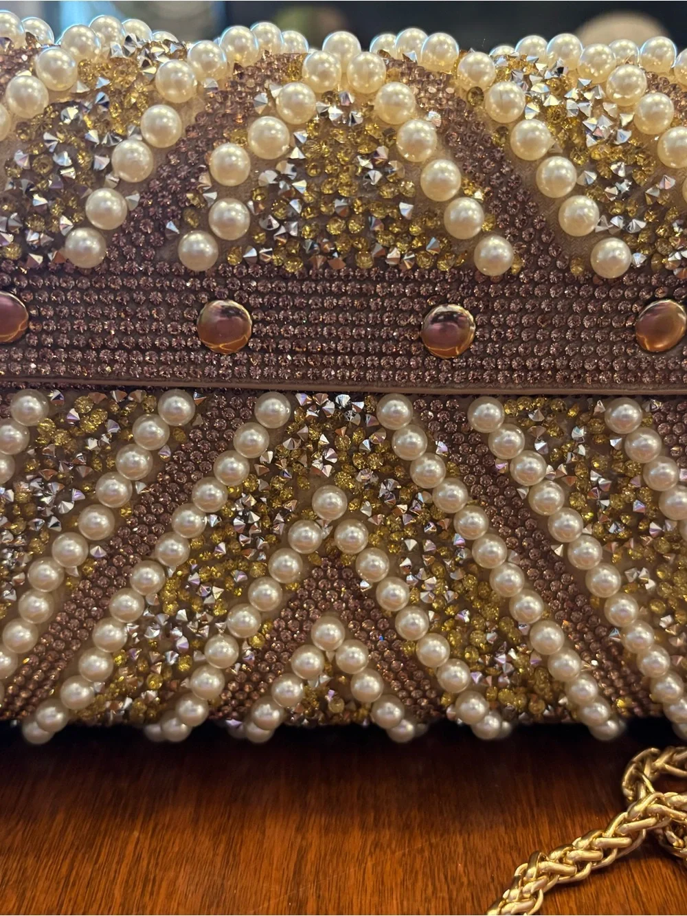 Gold Beaded Pearl Accent Women’s Evening Bag